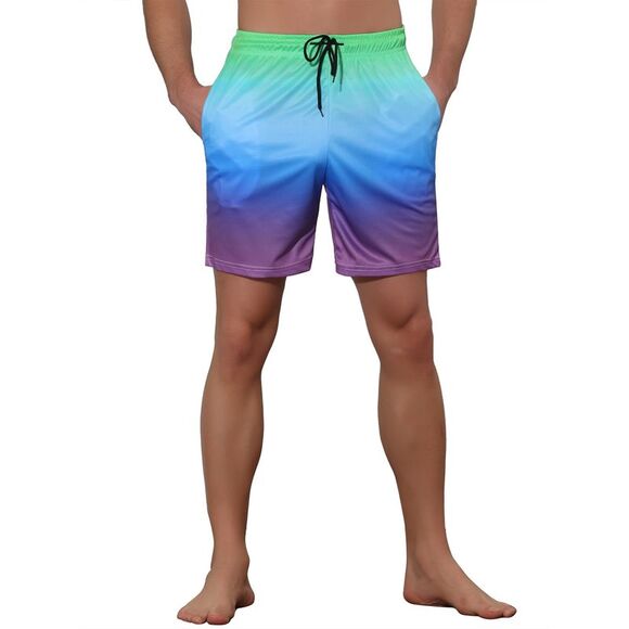 Men's Contrast Color Summer Beach Colorful Swimwear Shorts Green Blue - Picture 5 of 6